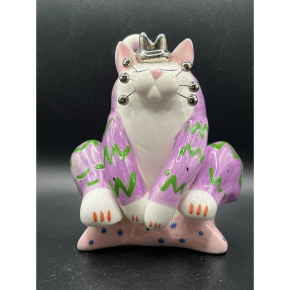 WhimsiClay by Amy Lacombe Cat Figurine 2002 #24229 Annaco Purple Cat on Pillow - Picture 1 of 12